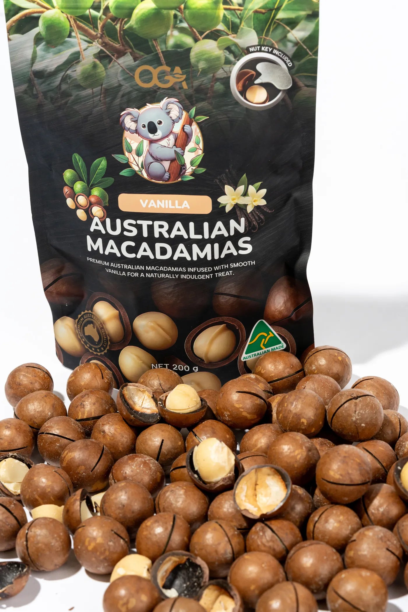 Macadamias pouring from an OGA pouch