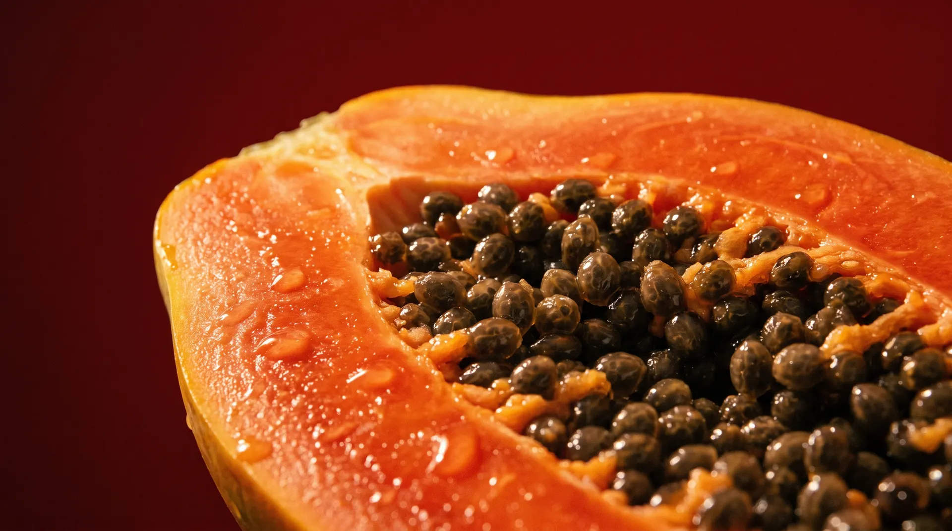 A halved paw paw showing its seeds